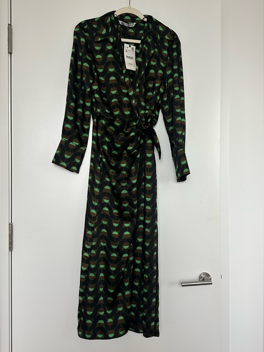 Zara Black Midi Wrap Dress with Green Geometric Print